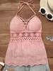 Women's Tanks Fashion Hollow Out Halter Tie Camisole Lace Up Cami Top Crochet Knit Shell Hem Summer Sleeveless Shirt Open Back Camis White