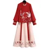Юбки 2024, тонкие топы в китайском стиле с вышивкой, большие женские тонкие красные пальто, шерстяное весеннее платье Cheongsam Hanfu, костюм с юбкой