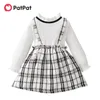 Vestidos de menina patpat criança plissado colarinho falso-duas alças xadrez tweed vestido de manga longa para roupas infantis