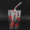 Bottiglie d'acqua resistenti al calore, con motivo a fragola, per succhi di caffè, bicchieri in vetro con coperchio in cannuccia