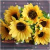 Couronnes de fleurs décoratives tournesol artificiel jaune soleil 7 têtes tournesols en soie 30 cm de long pour la maison centres de table de mariage fête E Dhhp8