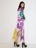 Casual Dresses Cartoon Printed Split Maxi Dress Women O-Neck Loose Long Sleeve 2024 Summer Holiday Beach Colorful Robes