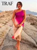 カジュアルドレスTRAF 2024女性のネクタイ染料ロングドレス女性アサイムマルティックサテンバックレスオフショルダーセクシーなイブニングパーティー
