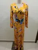 Casual Dresses 2024 Designer Luxury Maxi Dress Women's Long Sleeve Yellow Geometry Print Stretch Jersey Silk Spandex