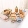 Baby Tableware Set Feeding Bowl Dinner Plate Cup Bibs Spoon Fork Bamboo Wooden Childrens Dishes Sets BPA Free NonSlip 240131