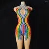 Stage Wear Femmes Party Gogo Dancer Costume Rainbow Strass Franges Body Discothèque Pole Leopard Festival Outfit XS6382