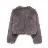 Women's Fur Luxury Fluffy Coat For Women Winter Elegant Long Sleeve Faux Furry Jacket Female Round Neck Chic Lady Street Warm Short