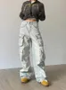 メンズジーンズマルチポケットウォッシュブルーワイドレッグカジュアルカーゴパンツビンテージアメリカンストリート女性ルースストレートデニムズボン