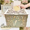 Autres fournitures de fête d'événement Boîtes de cartes de mariage Boîte en bois Décoration DIY Couple Cerf Oiseau Fleur Modèle Grille Invitation Cadeau Busin Dhfrh