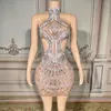 Scen Wear Luxurious Rhinestones Sequins Sexig midja ihålig rygglös nät Transparent ärmlös kortklänning Kvinnor födelsedag Firande