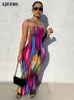 Lässige Kleider Regenbogen gestreifter Druck Sommer Damen Maxi Sexy trägerlos schulterfrei Sommerkleid Mode Rücken hoch geteiltes Verbandkleid