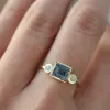 Bague personnalisée en pierre de couleur bleue, ensemble de trois pièces, rondes et carrées, en or jaune 14 carats, bijoux pour femmes, 2024