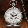 Pocket Watches Silver Watch Men's Luxury Vintage Manual Mechanical Fashion Holes Design Roman Numeral Dial Hook Chain Clock