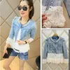 Floral Lace Denim Jacket Thin Short Patchwork Slim Female Outerwear Beaded Jackets Washed Jeans Coats Spring Women Long-Sleeve 240129