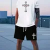 Herrspårar Summer Vintage T-shirt Set 2 Piece 3D Print Jesus Cross Beach Sweatshirt Overdimensionerad rund Neck Fashion Street Suit