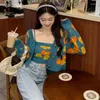 Women's Knits Cropped Sweater Cardigan Sweet Floral Print Tank Tops And 2 Pces Set Female Autumn Winter Knitted Sweaters 2024