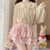 Röcke HOUZHOU Winter Kawaii Lolita Rock Frauen Japanischen Stil Niedlichen Rüschen Patchwork Hohe Taille Warme Fleece Mini Mit Shorts