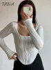 Kvinnors T -skjortor FSDA 2024 Square Neck Women Long Sleeve Crop Top White Summer Autumn Basic Casual Vintage 90s Y2K Sexiga kläder