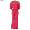 Women's Two Piece Pants Autumn Winter Women Set Tracksuit O Neck Petal Sleeve Top Flare Suit Solid Night Club Outfits LS6326