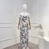 Casual Dresses 2024 Summer Women Fashion Top Quality Blue Linen Vintage Floral Print Folds Camisole Back Split Pencil Midi Dress