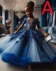 2024 Blue Lace Crystals Flower Girl Dresses Ball Gown Tulle Tiers Luxurious Little Girl Christmas Peageant Birthday Dopning Tutu Dress Gowns ZJ426