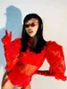 Stage Wear Nightclub Bar DJ Kadın Şarkıcı Önde gelen dansçı Kostüm Team Dans Kıyafet Caz Giysileri (Üst Şort Eldivenleri) Kırmızı 3-Parçalar Set