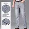 2023 marca Material fino o grueso algodón recto Stretch Denim hombres negocios Casual alta cintura gris claro azul Jeans 240124