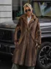 女性の毛皮のダークブラウンフェイクロングオーバーコートシングルブレストフリースジャケットトレンチコート2024冬のふわふわのぬいぐるみ暖かい