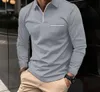 Polo Tshirts for Men Fashion Versatile Casual Solid Color Zip Pocket Long Sleeved Sports Loose Fitting Shirt Autumn 2023 240122