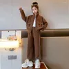 Zestawy odzieży 2024 Autumn Koreańskie dla dzieci dres dressit nastolatek płaszcz wysoko kołnierz kieszonkowy dzieci spodnie spodnie dresowe dziewczęta 2pcs garnitur