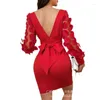 Abiti casual Abito senza schienale con toppa a rete floreale Abito da donna Midi a vita alta in pizzo con scollo quadrato Rosso Abiti a linea elegante