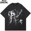 Men's T Shirts 2024 Men Washed Black T-Shirt Harajuku Streetwear Anime Cartoon Angel Girl Graphic Shirt Cotton Tshirt Tops Tees Unisex Y2K