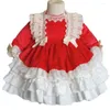 Flickaklänningar baby Vinatge Spanish England Dress Kids Red Velvet Lace Stitching Birthday Party Ball Gown Princess