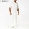 Vêtements ethniques Homme Vintage Manches courtes O Cou Musulman Arabe Islamique INCERUN Mens Robes de couleur unie Style Saoudien Zipper Jubba Thobe 5XL