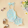 Kledingsets Baby Meisjes 3PCS Shorts Mouwloze Sling Romper en Daisy Print Hoofdband Zomeroutfits