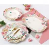 Ensembles de vaisselle Ensemble d'assiettes en céramique glaçures fête flore vaisselle porcelaine petit déjeuner assiettes à Dessert plats bol à nouilles tasse à café décor à la maison