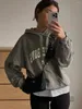 Damen Hoodies Brief Drucken Vintage Hoodie Frauen 2024 Kleidung Grau Lose Mit Kapuze Sweatshirt Weibliche Mode Pullover Pullover Tops