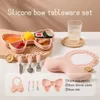 Assiette à dîner en Silicone pour bébé, bavoir pour enfants, vaisselle d'alimentation, bavoirs à nœud, couteau et fourchette en acier inoxydable, ensemble cadeaux pour enfants 240131