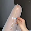 Kadınlar SOCKS Absobe Patchwork Yay Boş Out Out Sheer File Pantyhose Tayt Kontrast y2k Vücut Çorapları Tatlı kıyafet sokak kıyafetleri