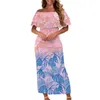 ワークドレス夏の女性プレタシサモアポリネシア衣類ピンクトロピカルプリントレディオフショルダーフリル2ピースセット