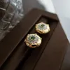 Stud Earrings Light Luxury Vintage Court Style Fine Carved Flower Earings Green Zircon Ancient Gold Crafts For Women Jewelry