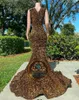 Brown Sparkly Mermaid Evening Party Gala Dresses for Women Luxury Diamond Crystal Velvet Prom Ceremony Gown Robe de Soiree