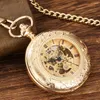 Montres de poche de luxe doré double ouverture montre mécanique Steampunk chiffres romains Sekeleton hommes remontage à la main avec chaîne à crochet de 38 cm