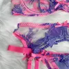 BRAS SETS LOVERMORE 2024 Pink Fancy Lingerie Floral Luxury Spets Se genom underkläder Sensuell strumpebälte Set Contrast Color Fairy Outfit