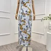 Casual Dresses 2024 Summer Women Fashion Top Quality Blue Linen Vintage Floral Print Folds Camisole Back Split Pencil Midi Dress