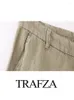 TRAFZA 2024 Mode Vrouwen Lente Zomer Solid Casual Lange Vintage Rechte Linnen Feamle Achterzakken Broek Mujer