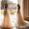 Sexy A Line Wedding Dress V Neck Puffy Lace Appliques Long Sleeve Bridal Gowns Boho Backless Bride Dresses