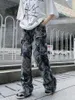 Jeans masculinos high street moda americana borda crua multi bolso tubo reto perna larga solta calças masculinas outono
