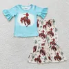 Ensembles de vêtements en gros enfant en bas âge Western Horse Outfit bébé fille à volants bleu manches courtes haut Rodeo Bell bas pantalon printemps enfants enfant ensemble