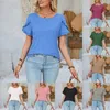 T-shirt da donna girocollo manica a petalo patchwork tinta unita camicia top ampio e berretto estivo da donna